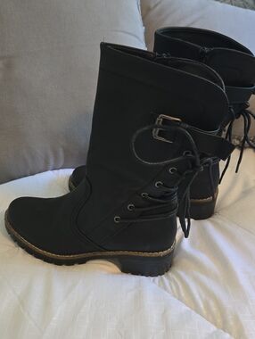 Global Win Black Lace-Up Buckle Mid-Calf Boots